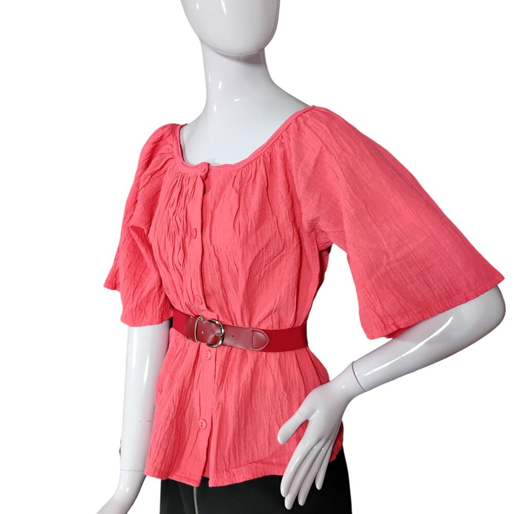 Vintage De Bodie Blouse Size Medium Orange Button Up Short Wide Sleeves